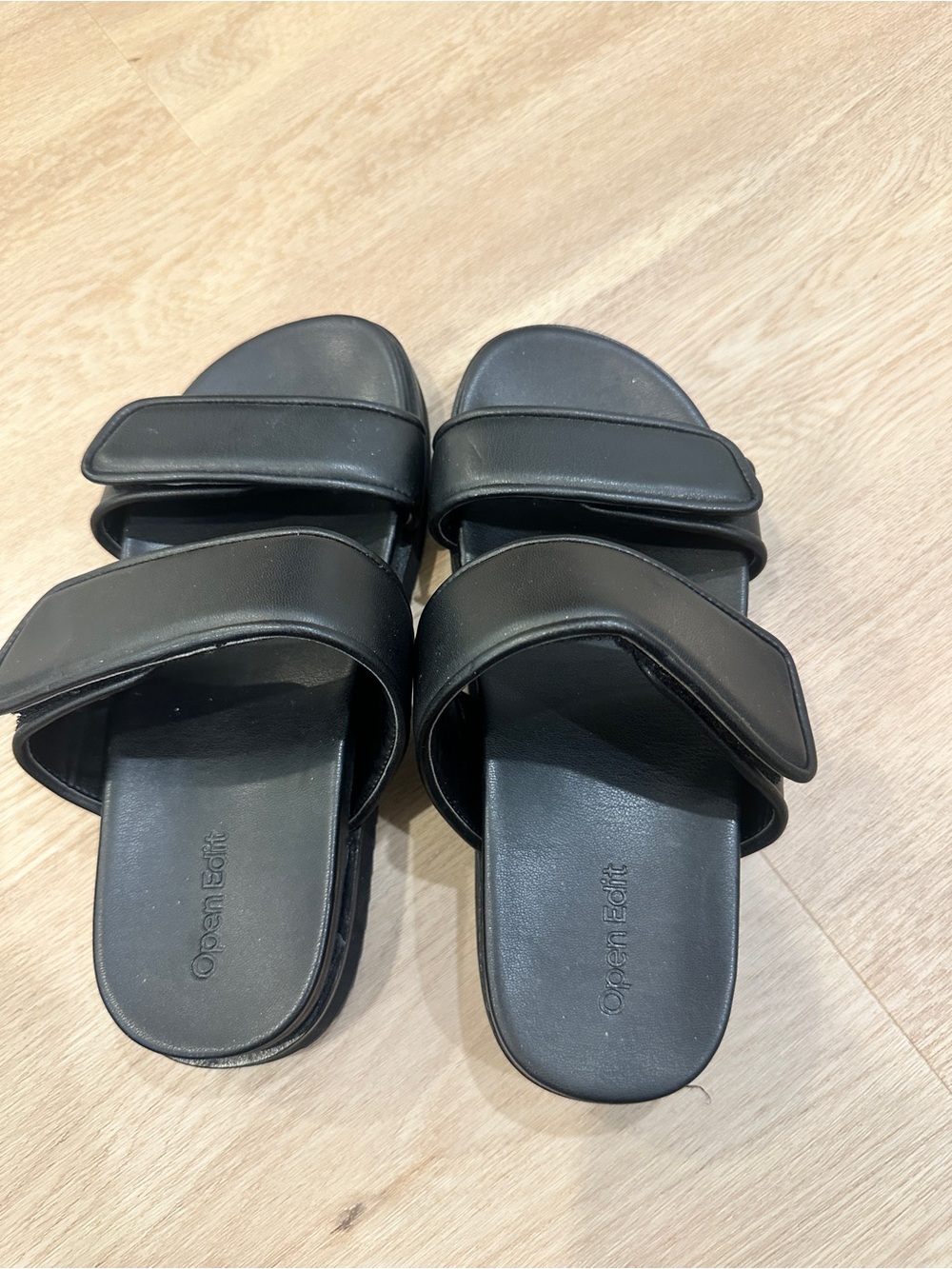 Open Edit Black Double-Strap Slide Sandals